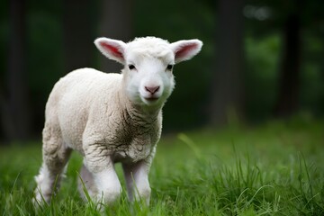 Obraz premium Fluffy lamb stands in lush meadow, ears perked up, blurred wooded background