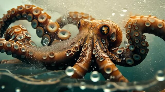 Explore the vibrant underwater world as an octopus gracefully navigates through sparkling water in an ocean habitat