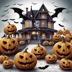 Fototapeta premium A poster for Halloween with bats and the Haunted House on white background, dark haunted house with illuminated windows at spooky misty dark Halloween night