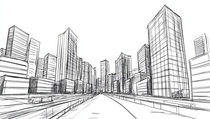 This line art illustration features an urban skyline design in pencil