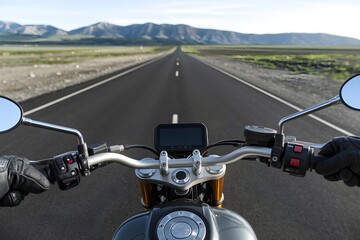 Motorcycle riders view, gloved hands grip handlebars, open road stretches ahead