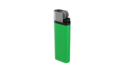 Green plastic cigarette lighter isolated on transparent and white background. Lighter concept. 3D render