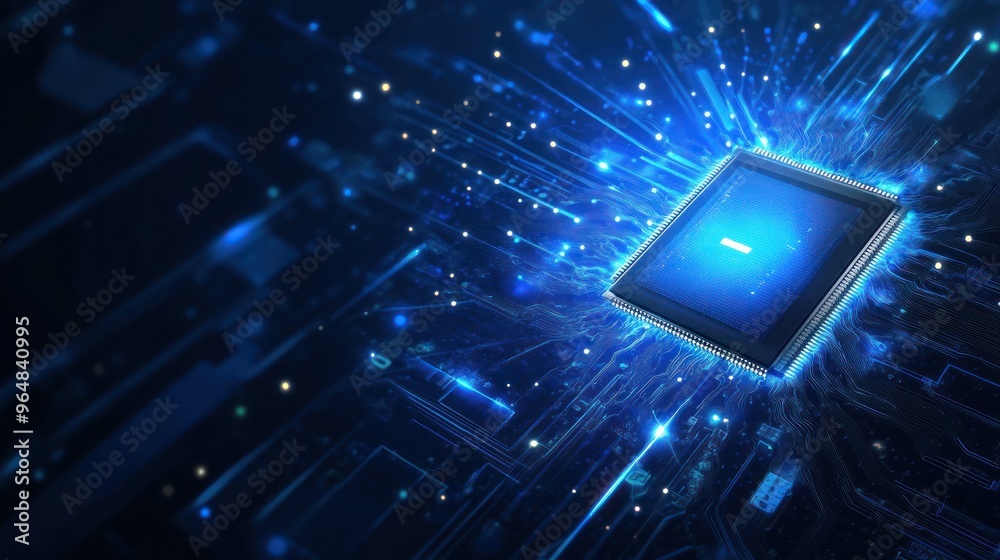 Poster cpu processor chip, blue glow, digital technology, abstract