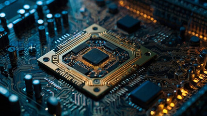 Fototapeta premium Concept of artificial intelligence. Futuristic circuit board technology background with central processors, complex neural networks, integrated chips, intricate connections, symbolic brain, advanced a