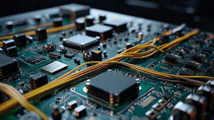 Concept of artificial intelligence. Futuristic circuit board technology background with central processors, complex neural networks, integrated chips, intricate connections, symbolic brain, advanced a