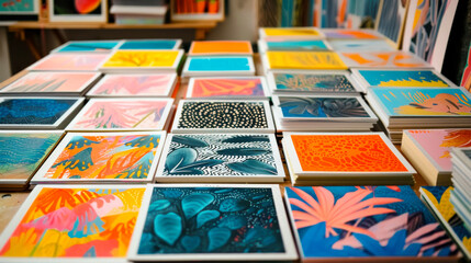 Colorful risograph greeting cards laid out on table, showcasing vibrant designs and patterns. artistic display evokes creativity and joy.