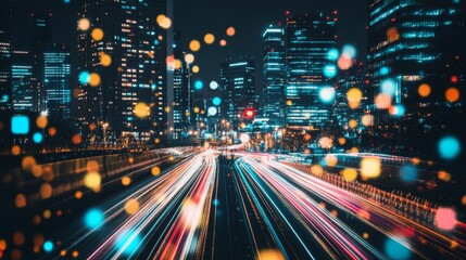 Obraz premium In this line art illustration, streaming data is demonstrated through long exposure effects and light trails related to communication management technology