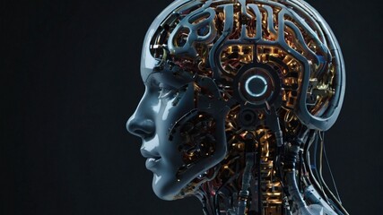 Concept of artificial intelligence, showcasing a futuristic visualization of big data. A blue wave of cyber technologies flows alongside a robotic humanoid face, symbolizing digital evolution