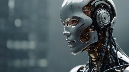 Fototapeta premium Concept of artificial intelligence, showcasing a futuristic visualization of big data. A blue wave of cyber technologies flows alongside a robotic humanoid face, symbolizing digital evolution