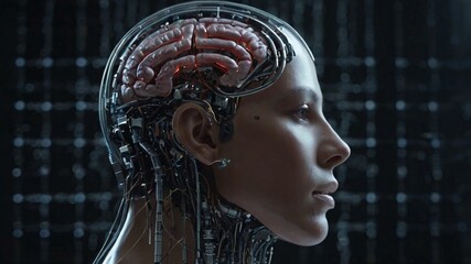 Concept of artificial intelligence, showcasing a futuristic visualization of big data. A blue wave of cyber technologies flows alongside a robotic humanoid face, symbolizing digital evolution