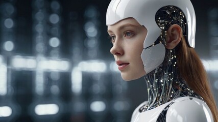 Concept of artificial intelligence, showcasing a futuristic visualization of big data. A blue wave of cyber technologies flows alongside a robotic humanoid face, symbolizing digital evolution