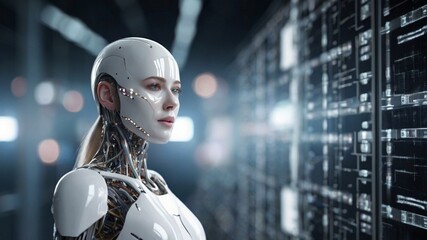 Concept of artificial intelligence, showcasing a futuristic visualization of big data. A blue wave of cyber technologies flows alongside a robotic humanoid face, symbolizing digital evolution