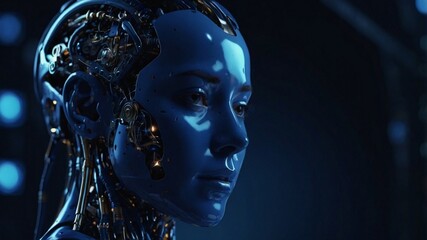 Concept of artificial intelligence, showcasing a futuristic visualization of big data. A blue wave of cyber technologies flows alongside a robotic humanoid face, symbolizing digital evolution