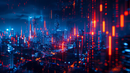 Fototapeta premium A vibrant digital candlestick chart overlays futuristic city skyline, showcasing blend of technology and urban life.