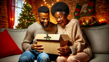 Two family members smile with excitement as they open a beautifully wrapped gift at home during the Christmas season, surrounded by festive decorations, lights, and a warm atmosphere