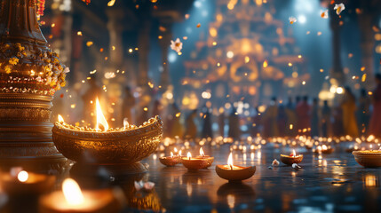 Temple Diwali Celebration with Lit Diyas