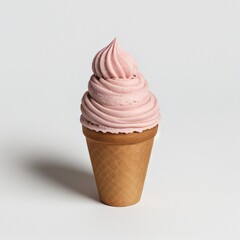 Pink soft serve ice cream in a cone on white background..