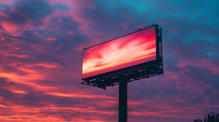 A striking stock photo of an empty billboard silhouetted against a stunning sunset.