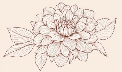 An outlined black and white illustration of a black and white dahlia showcasing a hand drawn vintage floral design