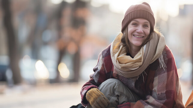 Smiling homeless woman wearing a brown beanie and a patchwork coat sitting outdoors. Blurred urban background with people and trees