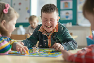 Fototapeta premium Children with Down syndrome playing board game in classroom laughing and having fun. They are seated around table with colorful game, focusing on pieces and sharing joyful moment