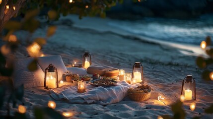 Romantic beach picnic at night with candles and string lights, food on a blanket, and the ocean in the background.