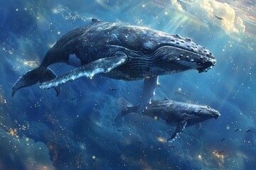 Enchanting humpback whales swim gracefully in the deep blue ocean waters, creating a serene underwater scene