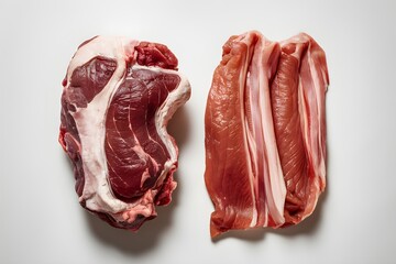 Two raw meat pieces, pinkish with fat, translucent with visible muscle structure