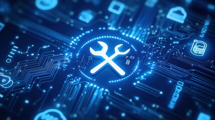Digital Wrench Icon on Circuit Board