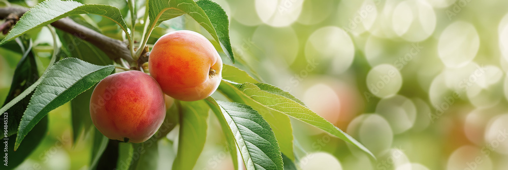 Wall mural Peaches on tree branch in orchard, vibrant ripening fruits, fresh leaves, summer harvest, agriculture, nature backdrop concept