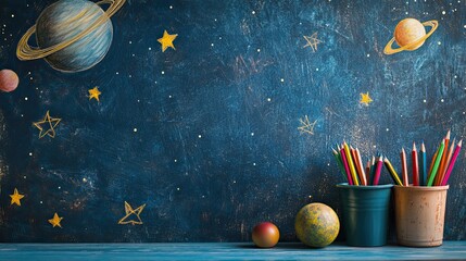 A school desk featuring a detailed drawing of planets and stars, set against a blue wall, creating a cosmic and educational atmosphere. Perfect for themes related to education, creativity, and space.