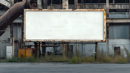 Obraz premium A gritty stock photo of an empty billboard located in an industrial area, with warehouses and machinery in the background.