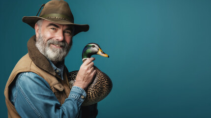 Smiling man in hat holding colorful duck against blue background, companionship, nature, wildlife concept