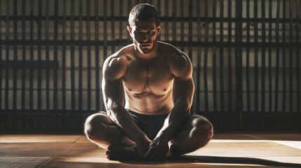Determined shirtless man sitting on gym floor, intense concentration and muscular build, fitness dedication concept