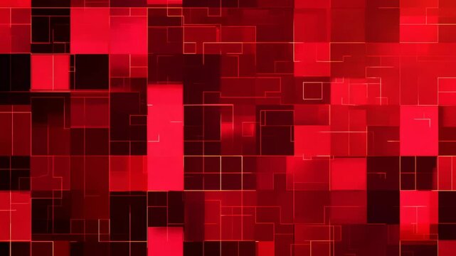 Animated red squares and connection lines appear from dark screen and start move and glow. Abstract geometrical futuristic background for techno title screen or business presentation cover.