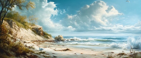 A lone bird walks along the shore of a beautiful sandy beach.  The waves crash against the shore under a bright, blue sky.  The sun shines through the white clouds.