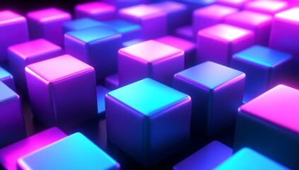 Fototapeta premium Drawing of a scattered landscape of blue and purple cubes in a 3D rendering resembling a macro view