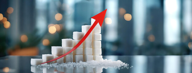 Stacked sugar cubes with a red upward arrow. Increase in the global incidence of diabetes. World health day. Panorama with copy space. Blurred background.