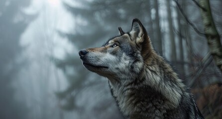 Naklejka premium Gray wild wolf looking up, mystic junglecore, balance, scoutcore wild nature