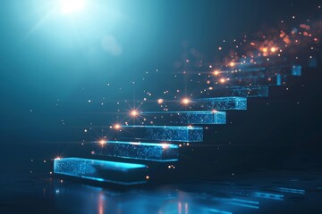 A bright blue staircase glimmers with sparkling lights descending into a dark space, casting an ethereal glow that evokes a sense of wonder and magic.