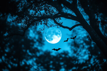 Naklejka premium Full Moon with Creepy Tree Silhouettes and Bats Flying for a Spooky Halloween Night Illustration