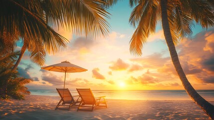 A picturesque sunset over a tropical beach, with white sand illuminated by soft, golden light. Palm trees frame the scene, where a pair of beach chairs sit under an umbrella.