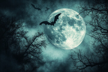Naklejka premium Full Moon with Creepy Tree Silhouettes and Bats Flying for a Spooky Halloween Night Illustration