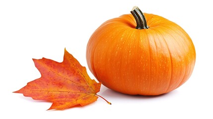 A plump pumpkin with a vivid autumn leaf situated in front of it, isolated on a white backdrop