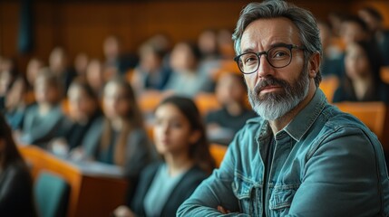 Fototapeta premium Mature Man Confidently Sitting in a Lecture Hall