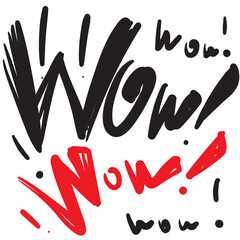 WOW hand drawn word set. Expression doodle text, scribble lettering, wow sketched print