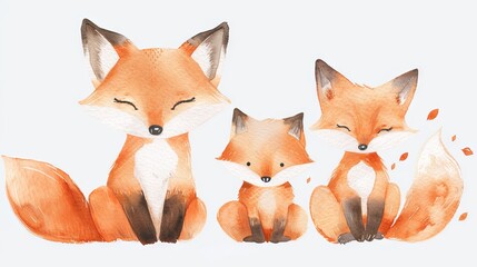 watercolor illustration of an adorable woodland fox family, perfect for prints and card designs.
