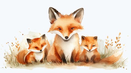 Obraz premium watercolor illustration of an adorable woodland fox family, perfect for prints and card designs.