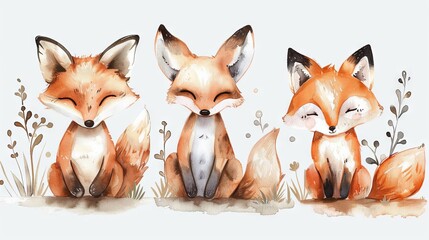 Fototapeta premium watercolor illustration of an adorable woodland fox family, perfect for prints and card designs.
