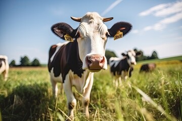 Curious cow grazes in natural summer green field,